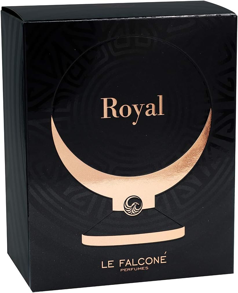 Le Falcone Royal 100ml Eau De Parfum features a black and gold box, offering a luxurious fragrance for men and women by Le Falcone.