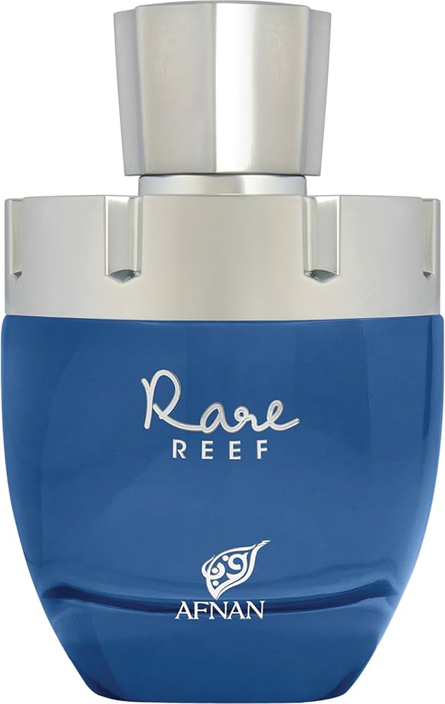 Afnan Rare Reef 100ml Extrait De Parfum, inspired by LV Pacific Chill, comes in a blue and silver bottle with the Afnan brand name and logo on the front, offering a sophisticated unisex fragrance.