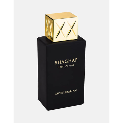 A bottle of Swiss Arabian Shaghaf Oud Aswad Black Oud 75ml Eau De Parfum, a luxurious oriental oud fragrance by Swiss Arabian, showcased on a pristine white background.