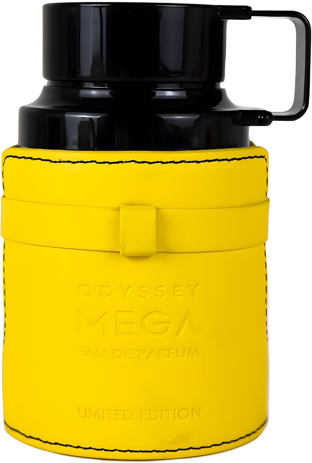 The Armaf Odyssey Mega Limited Edition 100ml EDP features a black and yellow bottle with a handle and embossed "Odyssey Mega Eau De Parfum Limited Edition"—a bold, versatile fragrance for all genders.