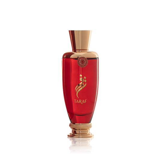 A bottle of Arabian Oud Taraf 100ml Eau De Parfum by Rio Perfumes on a black background.