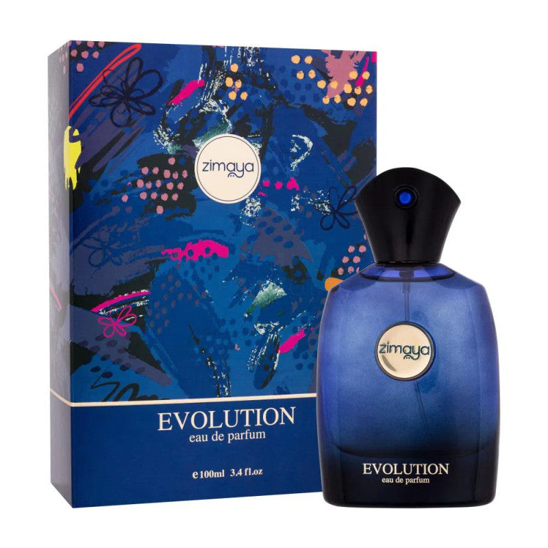 A blue 100ml bottle of Zimaya Evolution EDP by Zimaya, a spicy-woody fragrance, is displayed alongside its coordinating blue and multicolored decorative box.