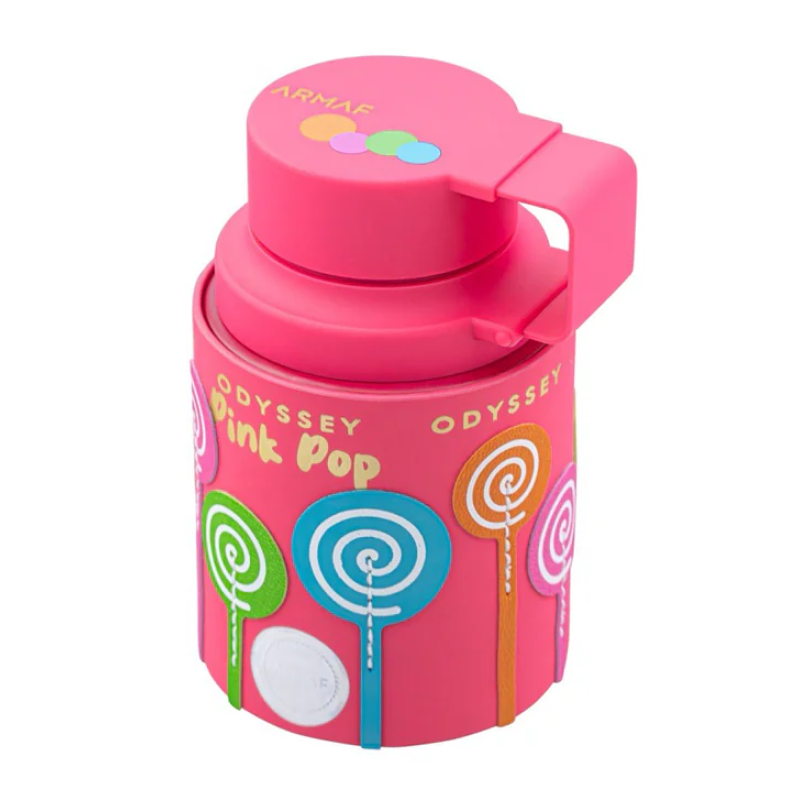 The Armaf Odyssey Pink Pop 100ml EDP, a vibrant fruity-floral fragrance by Armaf, comes in a pink bottle decorated with colorful lollipop illustrations and topped with a matching pink cap featuring four pastel dots.