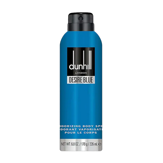Blue Dunhill Desire Blue deodorant body spray bottle with white and black text.