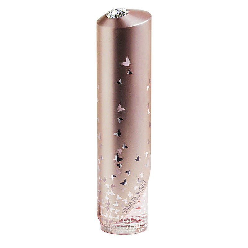 The Swarovski Miss Aura 5ml EDT stands upright in a rose gold tube adorned with butterfly silhouettes and topped with a Swarovski Miss Aura crystal, capturing the delicate elegance of its Floral Fruity fragrance.