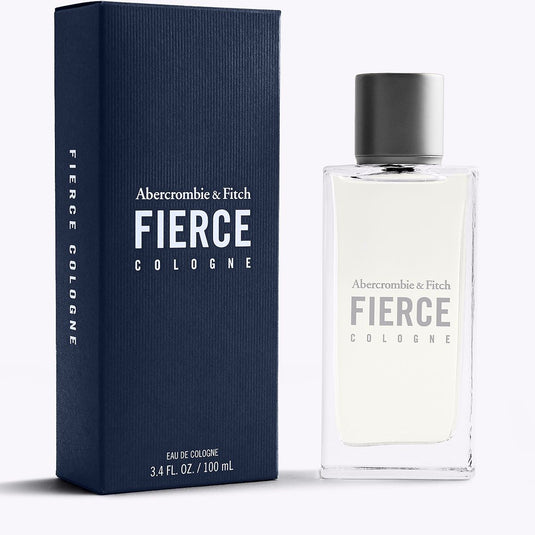 Image of Abercrombie & Fitch Fierce 100ml EDC. The clear rectangular bottle sits next to its navy blue box, both labeled with the cologne's name. The metallic silver bottle cap adds a sleek touch to this Woody Aromatic fragrance for men.