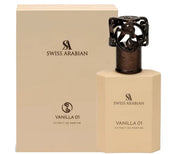 A Swiss Arabian Vanilla 01 50ml Extrait de Parfum bottle with a decorative cap sits beside its matching box, showcasing the luxurious Oriental Vanilla scent from Swiss Arabian.