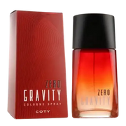 A 50ml bottle of Coty Zero Gravity cologne is displayed beside its red and orange gradient box, showcasing this aromatic fragrance by Coty.