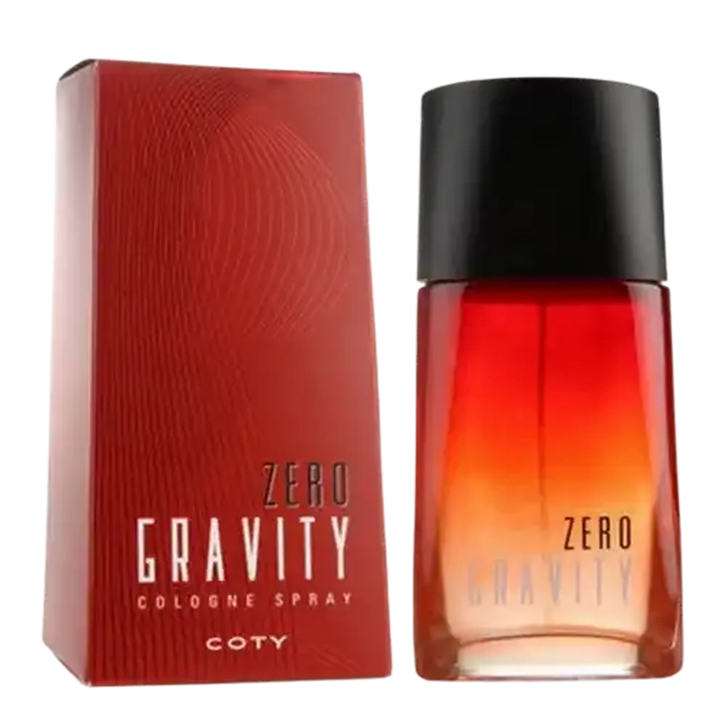 A 50ml bottle of Coty Zero Gravity cologne is displayed beside its red and orange gradient box, showcasing this aromatic fragrance by Coty.
