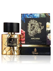 A bottle of Emir Arcana 100ml Eau De Parfum is displayed beside its decorative box, showcasing a gold textured design with floral artwork and a lion illustration.