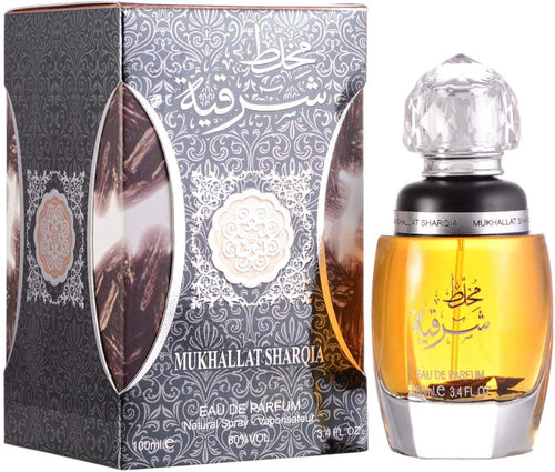 An exquisite bottle of Rio Perfumes Ard Al Zaafaran Mukhallat Sharqia 100ml Eau de Parfum, elegantly displayed beside a sleek box.