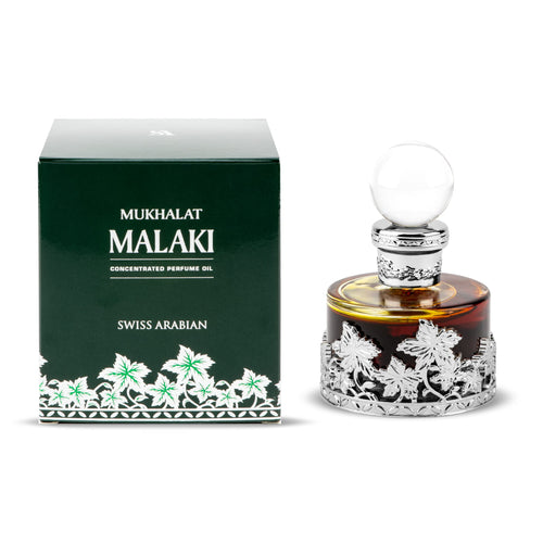 A Swiss Arabian Mukhalat Malaki Concentrated Perfume Oil for men, packaged with a box.
