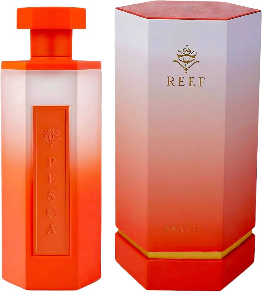 A gradient orange and white hexagonal bottle labeled "PESCA" sits beside its matching box with gold "REEF" branding and a floral logo, featuring the unisex Reef Pesca 200ml Eau De Parfum by Reef.