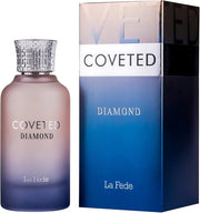 A bottle of Khadlaj Coveted Daimond 100ml EDP, a unisex fragrance by Khadlaj, is displayed beside its blue gradient box packaging.