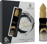 The Al-Nuaim French Tobacco Oil Perfume comes in a 6ml roll-on bottle with 0% alcohol, presented in packaging adorned with black, gold, and white design accents. This fragrance by Al-Nuaim captures the rich essence of tobacco leaf for a refined and sophisticated scent experience.