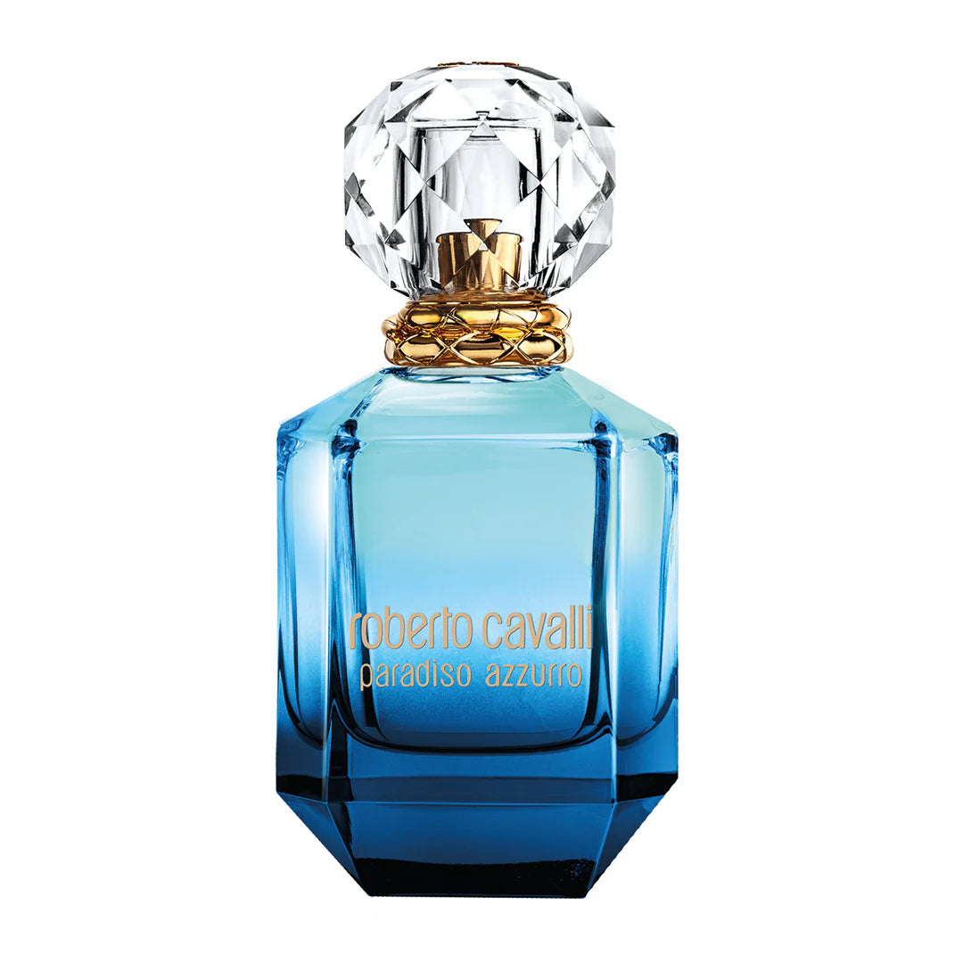 Roberto Cavalli Paradiso Azzurro 75ml EDP comes in a blue glass bottle with a gold collar and faceted clear cap, reflecting the floral aromatic essence of this fragrance.