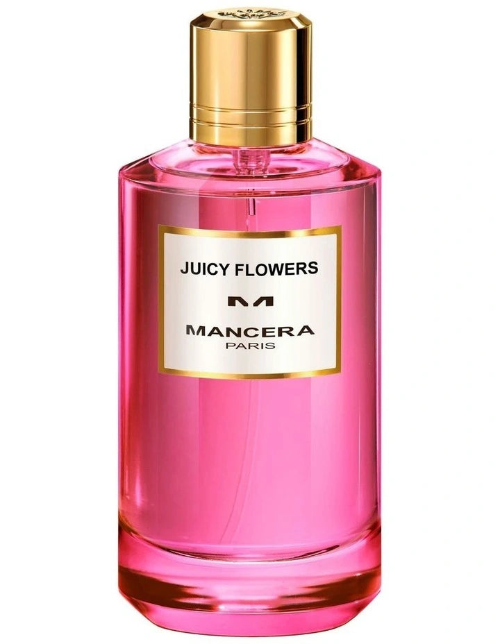 Mancera Paris Juicy Flowers 120ml EDP is a women's fragrance in a pink glass bottle with a gold cap and white label, featuring black and gold text. This vibrant scent captures the essence of floral and fruity notes.