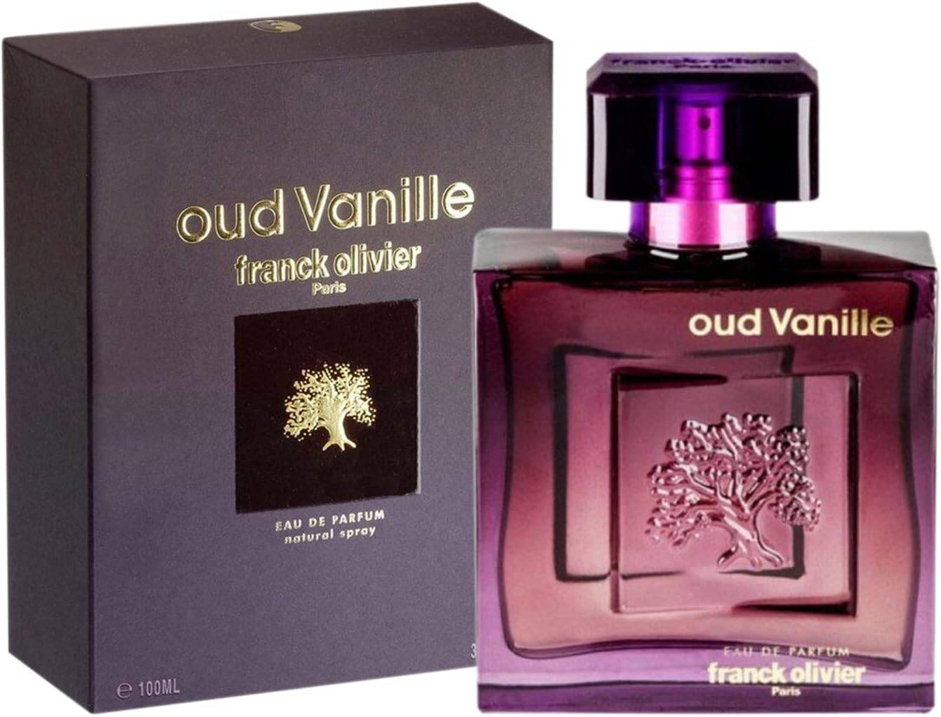 Frank Olivier Oud Vanille 100ml EDP, evokes an Oriental Woody scent and comes in a purple-toned box and bottle adorned with an elegant tree motif.