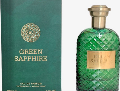 A green perfume bottle labeled 