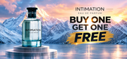A bottle of Emper Intimation 100ml EDP by Emper is displayed gracefully on a pedestal before a sweeping mountain backdrop, highlighted by bold text reading “BUY 1 GET 1 FREE.” Experience the refined charm of this distinctive fragrance, designed for those who appreciate sophistication in every spritz.