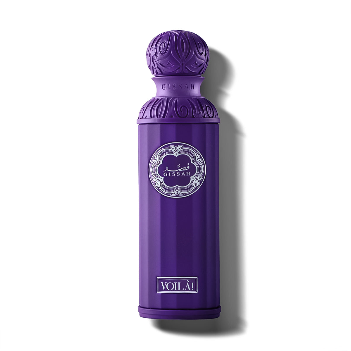 A purple, ornately designed 200ml bottle of Gissah Voila Eau De Parfum by Gissah sits against a white background, casting a right-side shadow—an exquisite unisex fragrance.