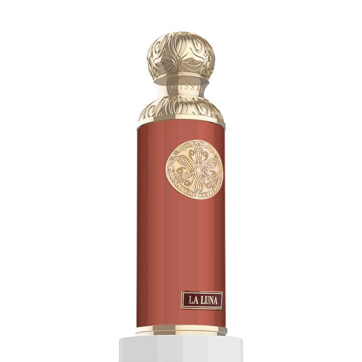 Gissah La Luna 200ml Eau De Parfum by Gissah features a tall, ornate bottle with gold detailing, round cap, gold emblem, and reddish-brown body. It offers an Oriental Ambery Woody fragrance.