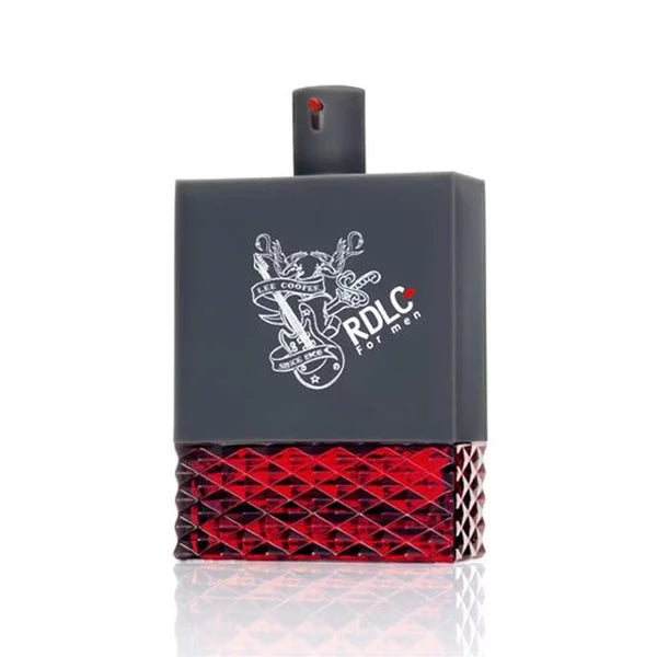 Lee Cooper RDLC For Men 100ml Eau De Toilette comes in a rectangular bottle with a black top half featuring a white tattoo-style design and a textured red bottom half.