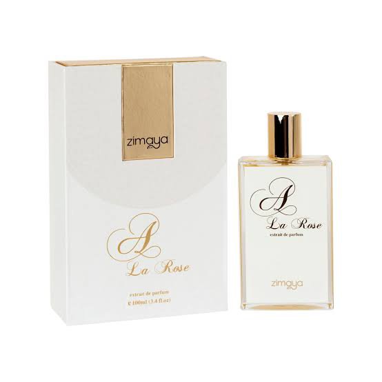 A rectangular bottle of Zimaya La Rose 100ml EDP stands beside its matching white and gold box.