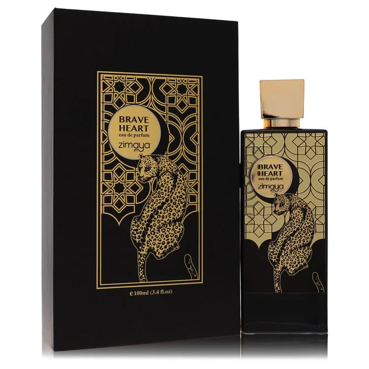 A black and gold "Zimaya Brave Heart 100ml EDP" box and bottle, for men, features a geometric pattern, leopard illustration, and aromatic spicy scent. Brand: Zimaya.