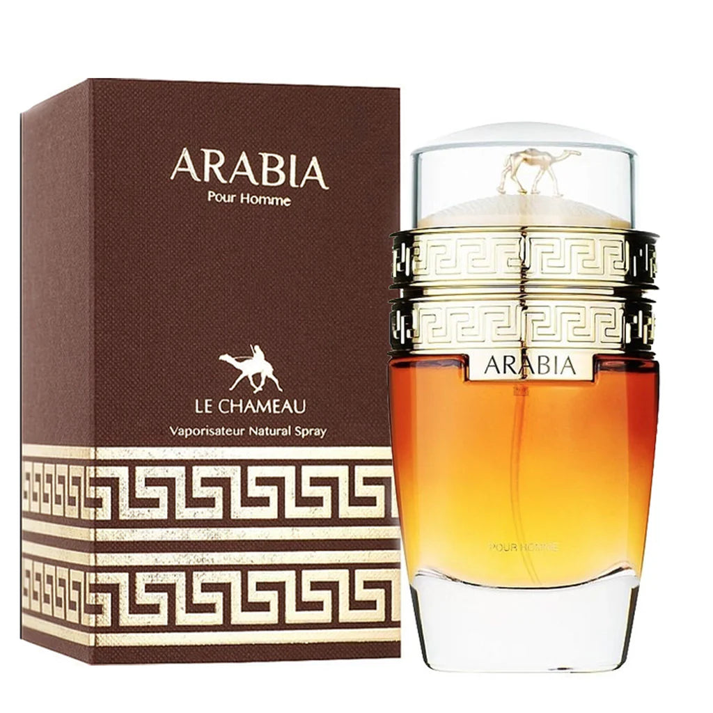 Le Chameau Arabia Pour Homme 100ml Eau De Parfum, in a gold and brown bottle, is shown beside its matching box—a woody oud scent designed as the masculine counterpart to Le Chameau Arabia Pour Femme.
