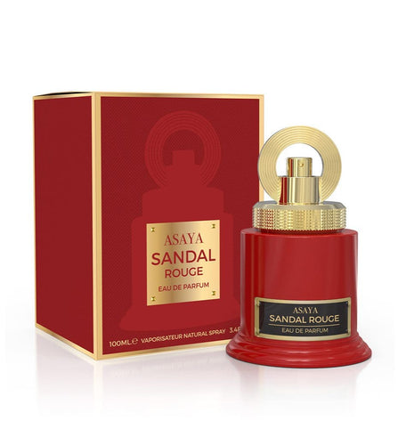 A red bottle of Pendora Scents Asaya Sandal Rouge 100ml Eau De Parfum is shown beside its matching red and gold box. The fragrance for men features an ornate circular gold cap and captures the essence of Arabian spices. The box details 100mL volume.