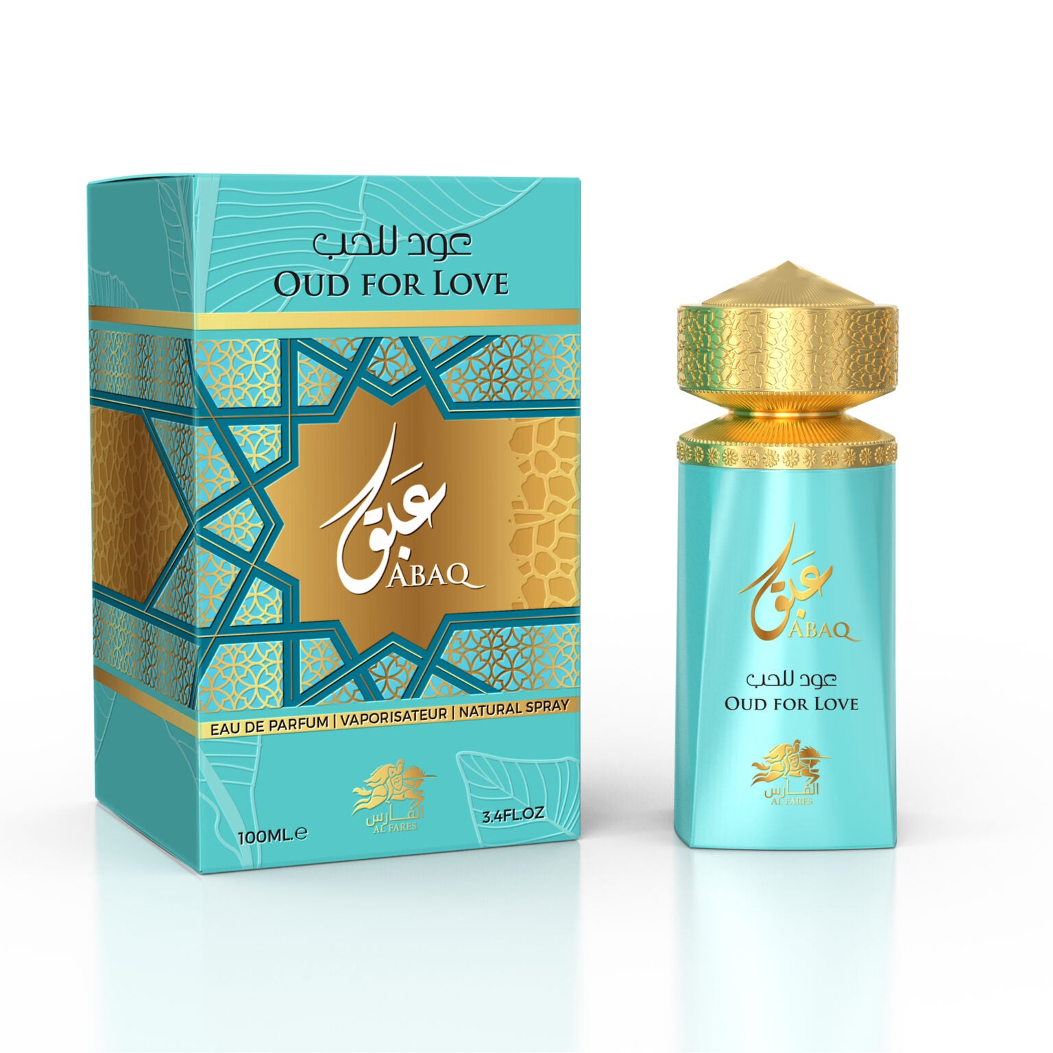 A turquoise and gold Al Fares Abaq Oud For Love 100ml Eau De Parfum bottle stands beside its geometric, Arabic-text box—a luxurious unisex fragrance by Al Fares, ideal for any occasion.