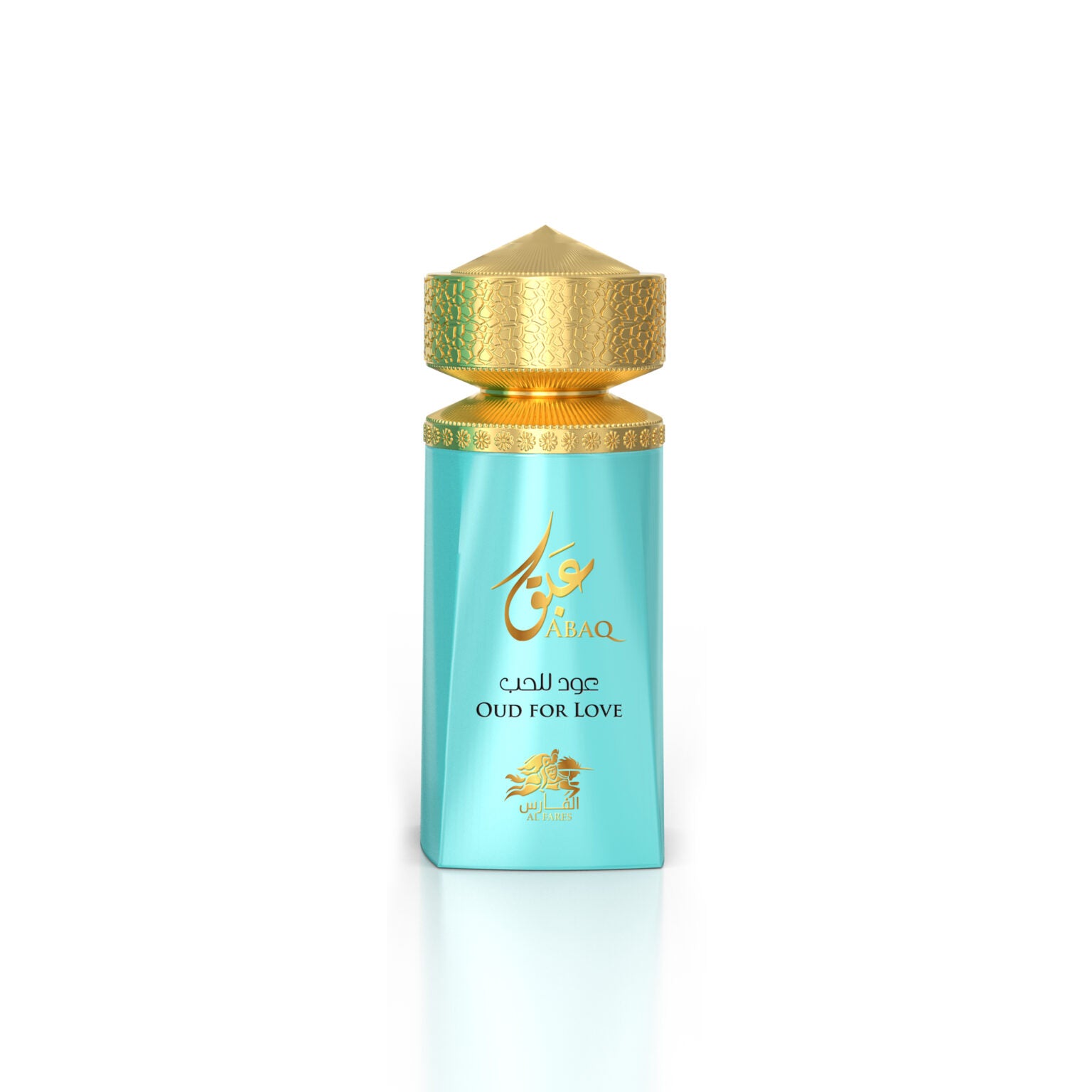 A luxurious Al Fares Abaq Oud For Love 100ml Eau De Parfum features a turquoise and gold bottle with Arabic script, suitable for men and women—an elegant fragrance by Al Fares.
