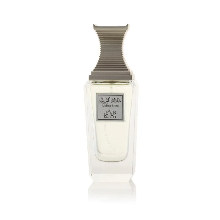 A bottle of Arabian Oud Arabian Blend Jabal Al Fil 100ml Eau De Parfum with a unique ribbed cap and a clear container featuring labels in both Arabic and English.