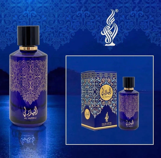 A bottle of Fragrance World AL YAZERLI (Al Athoor Alam) 100ml Eau De Parfum with a blue box next to it.
