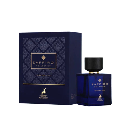 A bottle of Paris Corner's Maison Al Hambra Zaffiro Collection Crafted Oud 100ml Eau De Parfum featuring premium class scents in front of a box.