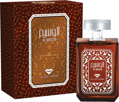 A bottle of Swiss Arabian Al Waseem 100ml Eau De Parfum with a box in front of it.