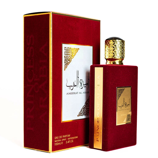 A bottle of Asdaaf Ameerat Al Arab 100ml Eau De Parfum fragrance with a red box next to it - perfect for women, by Lattafa.
