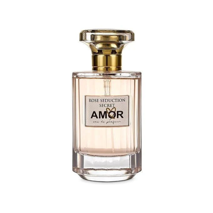 Fragrance World Amor Rose Seduction Secret 100ml EDP by Rio Perfumes is a women's perfume in a clear glass bottle with light pink floral scent, gold and transparent cap, elegantly displayed on a white background.