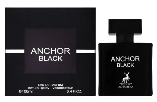 Sentence with replaced product:

Maison Alhambra Anchor Black 100ml Eau de Parfum bottle next to its packaging, displaying the brand and product name, "Eau De Parfum," and a white deer logo.