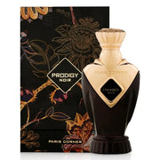 Paris Corner Prodigy Noir 100ml Eau De Parfum is shown in a gold and black bottle before its floral-patterned box, presenting a luxurious unisex fragrance.