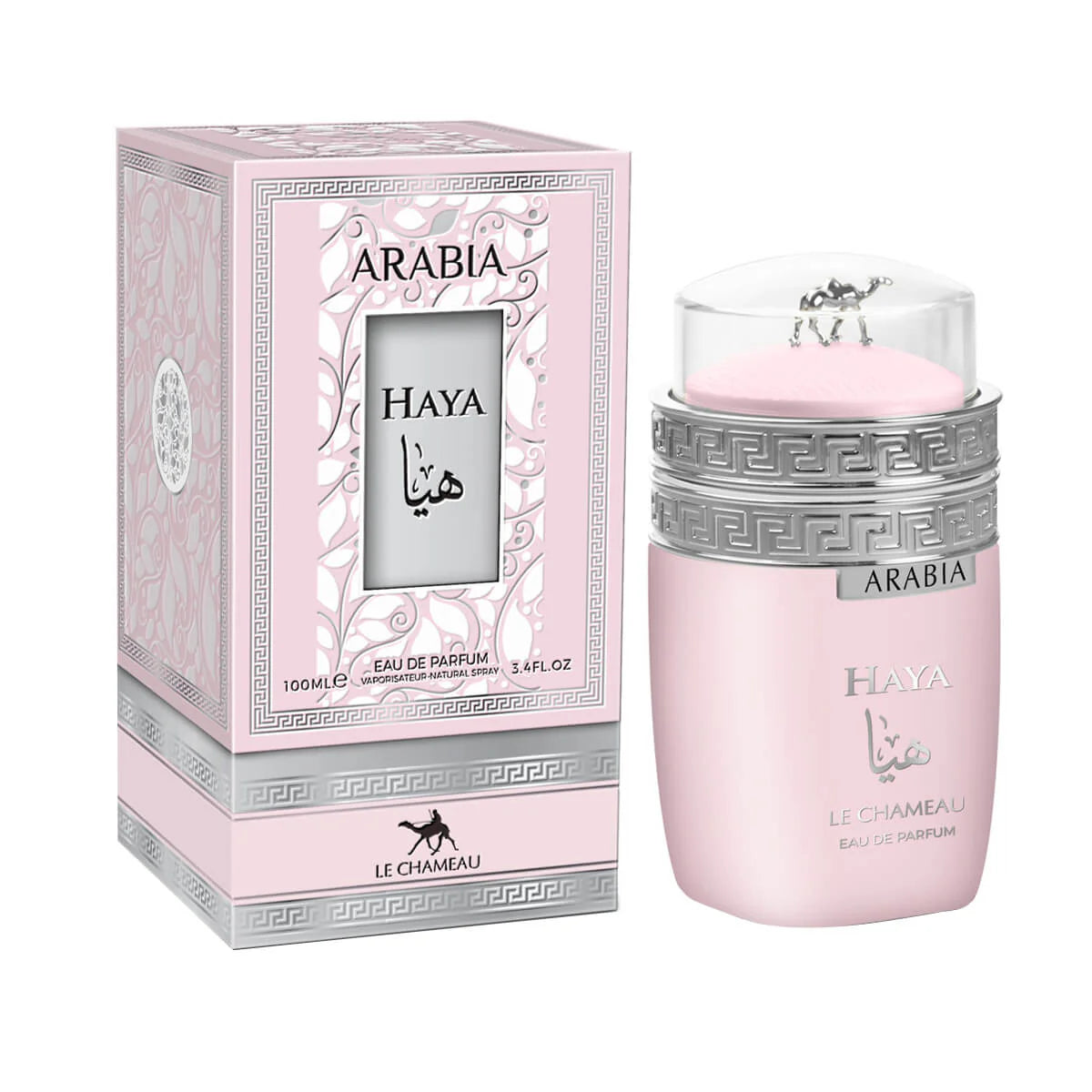The Le Chameau Arabia Haya 100ml Eau De Parfum features a pink and silver bottle with matching box, elegant silver patterns, and the Le Chameau logo—a perfect fragrance choice for women.
