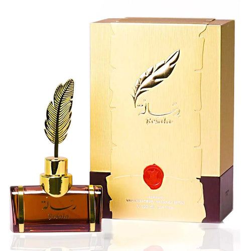 A bottle of Arabian Oud Resala 100ml Eau De Parfum fragrance with a feather in it, by Dubai Perfumes.