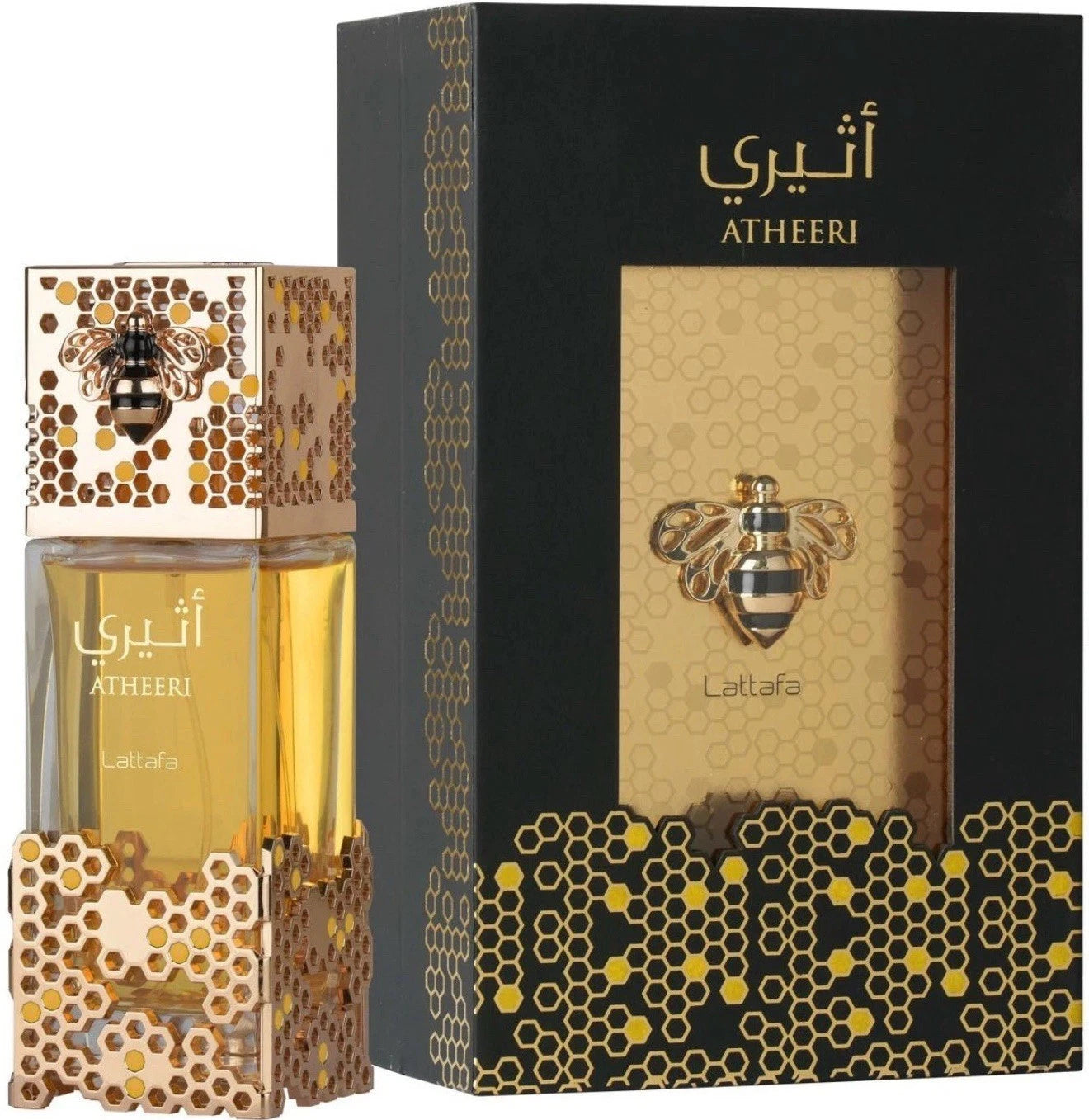 A bottle of Lattafa Atheeri 100ml Eau De Parfum by Lattafa, featuring a gold honeycomb and bee design, is displayed beside its black and gold decorative box.