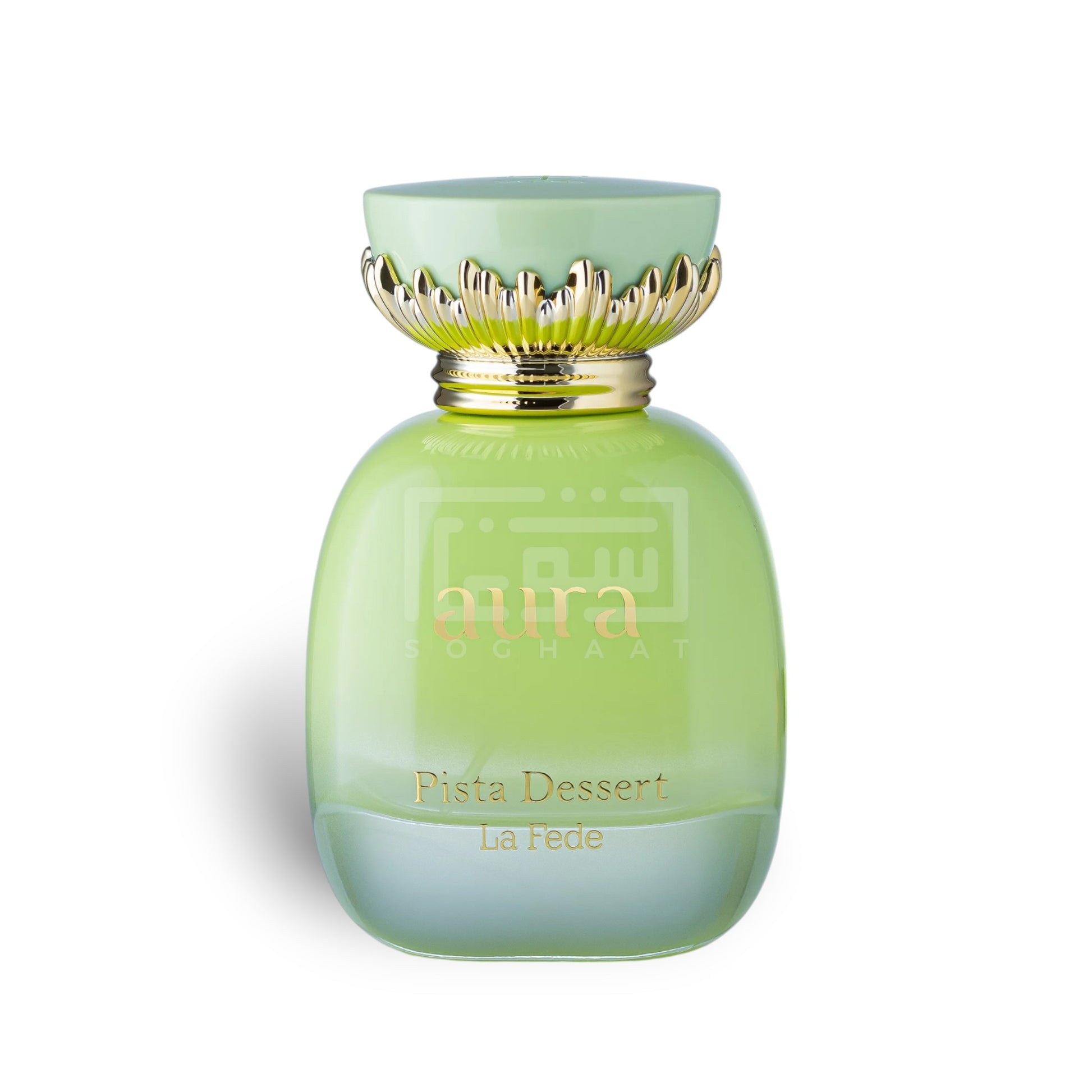 A green glass Khadlaj Aura Pista Dessert 100ml EDP bottle with a gold and green cap is showcased against a white background, highlighting the brand’s elegant Eau De Parfum.