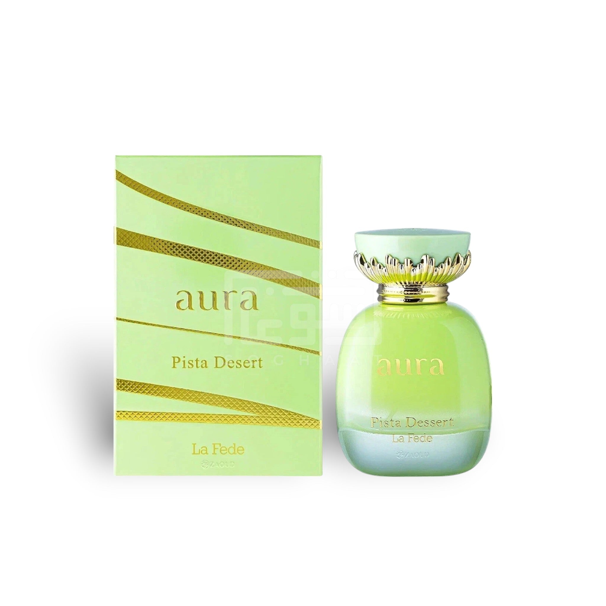 A green Khadlaj Aura Pista Dessert 100ml EDP bottle stands next to its matching green and gold box labeled "La Fede.