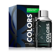 A 100ml bottle of Benetton Colors de Benetton Man EDT stands beside its blue and black box.