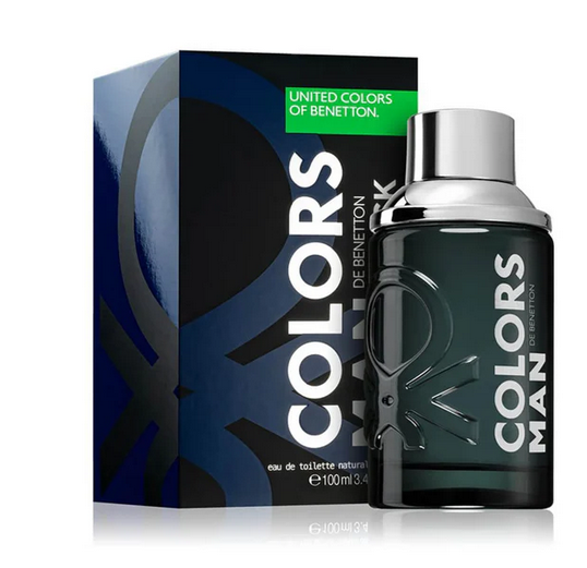 A 100ml bottle of Benetton Colors de Benetton Man EDT stands beside its blue and black box.