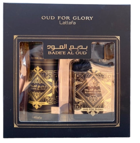 A box of Lattafa Badee Al Oud for Glory Eau De Parfum 2 Piece Gift Set.