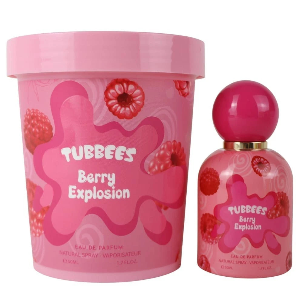 A bottle and container of Tubbies Tubbees Berry Explosion, both pink with raspberry graphics and white text, presenting this vibrant unisex eau de parfum with a fruity scent.